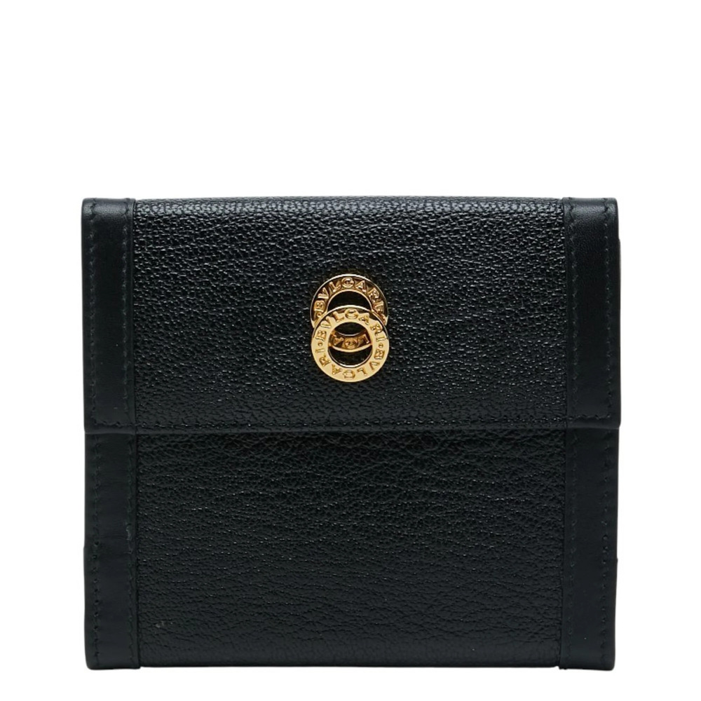 Bulgari Doppio Tondo Tri-fold Wallet, Double Snap Closure, Black Leather, Men...